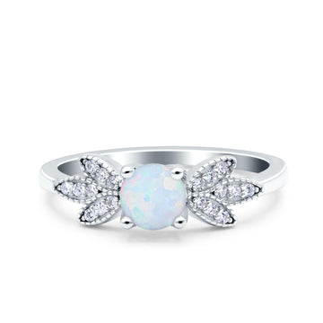 Art Deco Wedding Bridal Ring Leaf Dainty Round Lab Created White Opal 925 Sterling Silver